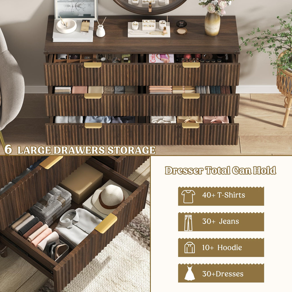 Wood Tall 6 Drawers Dresser, 53.2" W Fluted Modern Dressers