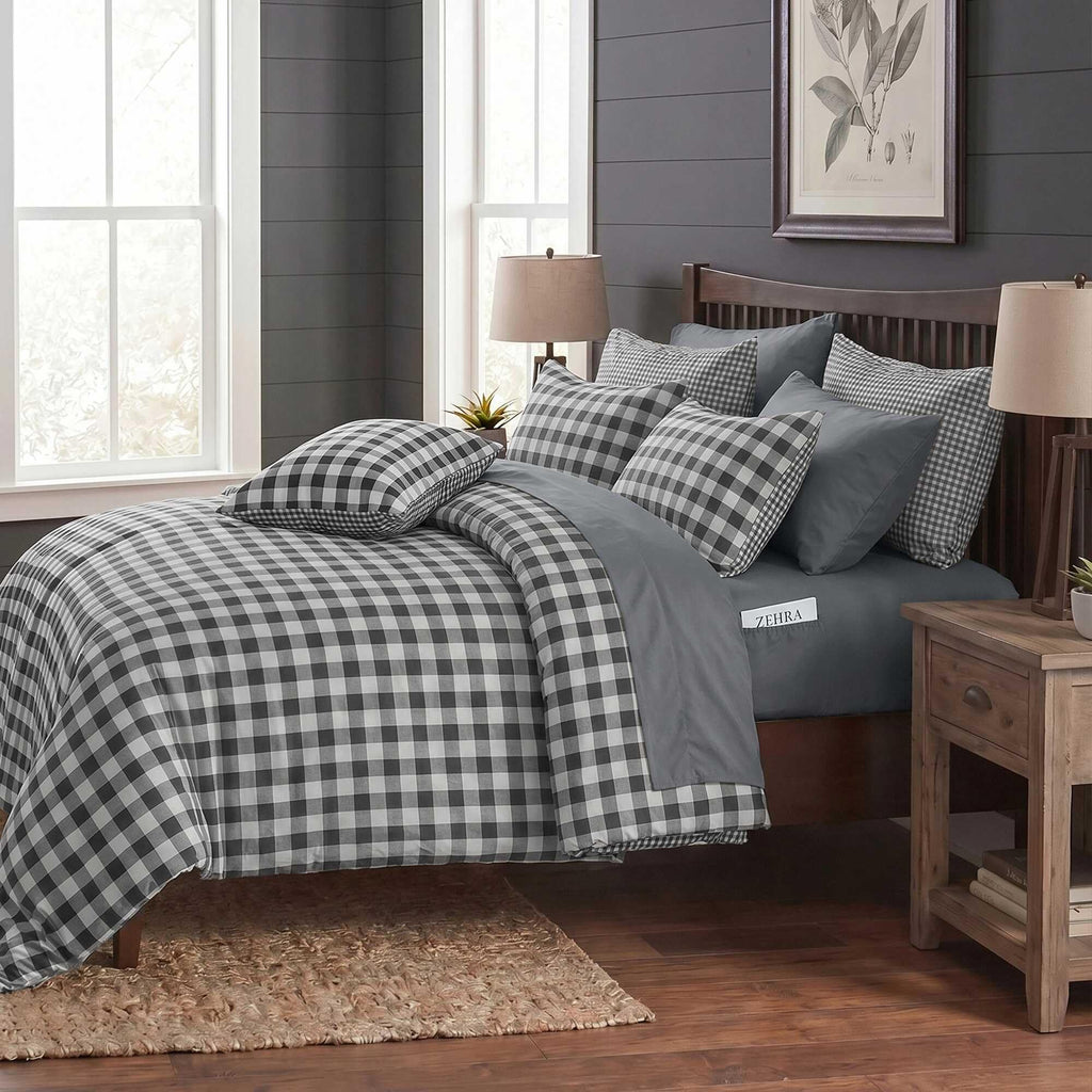 Gingham Comforter Set-Bed in A Bag 9 Pieces Bedding Set with Reversible Plaid Design, Warm & Cozy Bed Set