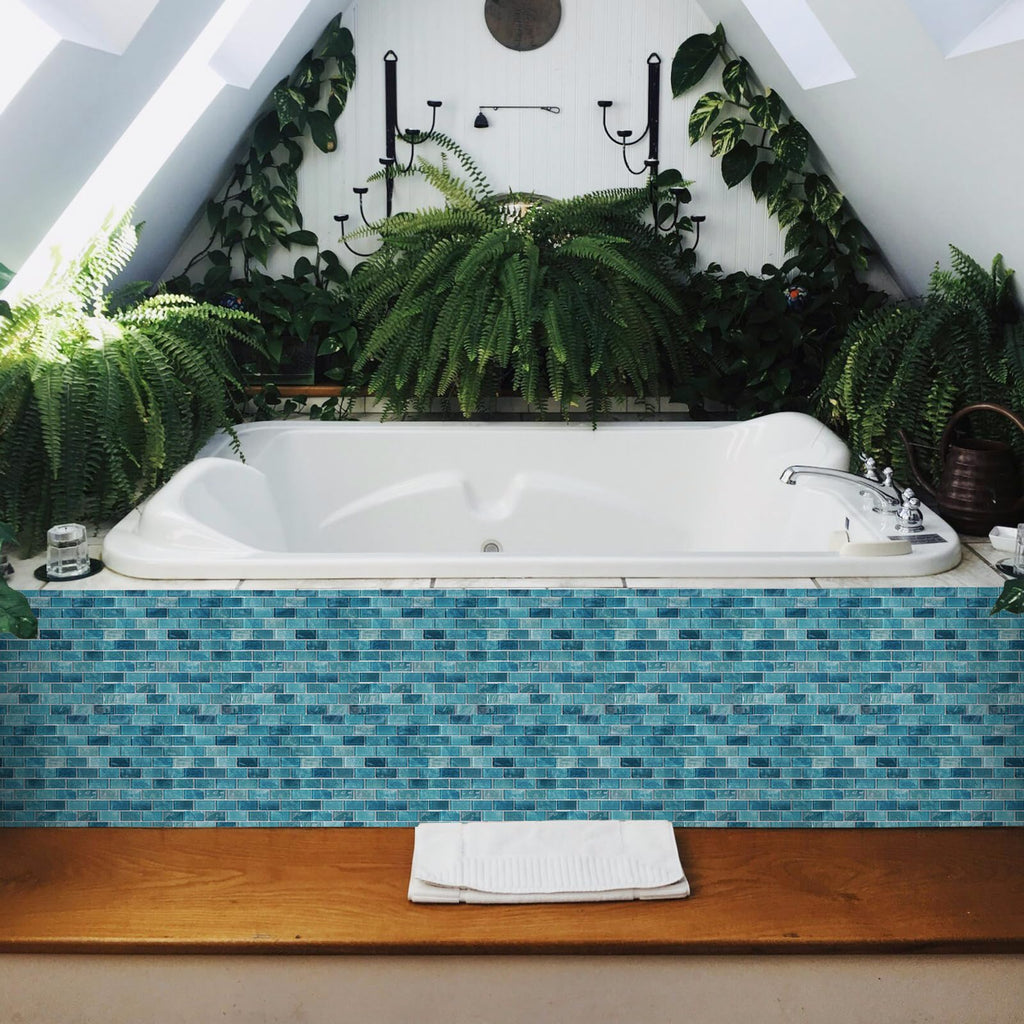 Glass Backsplash Mosaic Wall Tiles, 5-Sheet Linear Glass Tiles Bathroom Swimming Pool Shower Tiles (Turquoise, 4.8