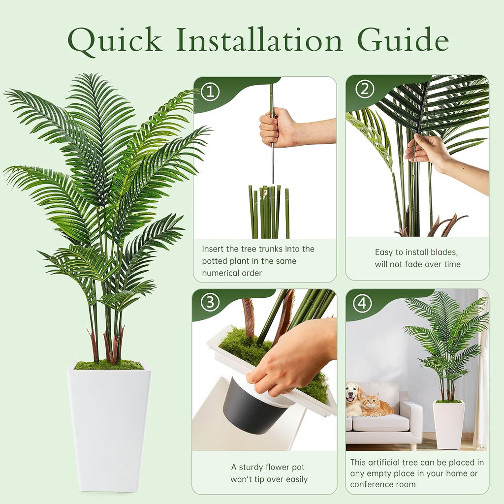 7FT Artificial Palm Tree, Tall Artificial Tree Plants with Fake Plants, Large Faux Plants Indoor with Lifelike Leaves