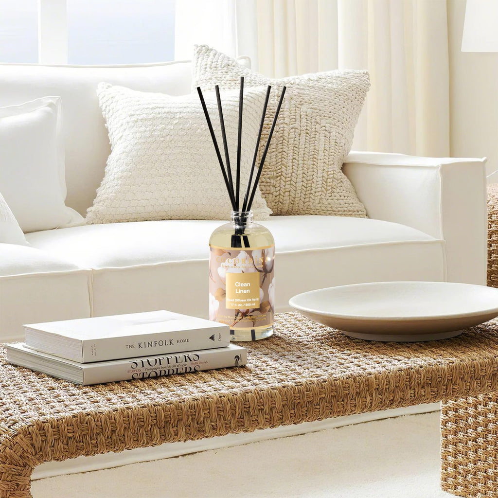 Reed Diffuser Refill Clean Linen 17oz (500ml) with 8 Rattan Sticks - Premium Long-Lasting Scented Oil, Home Fragrance