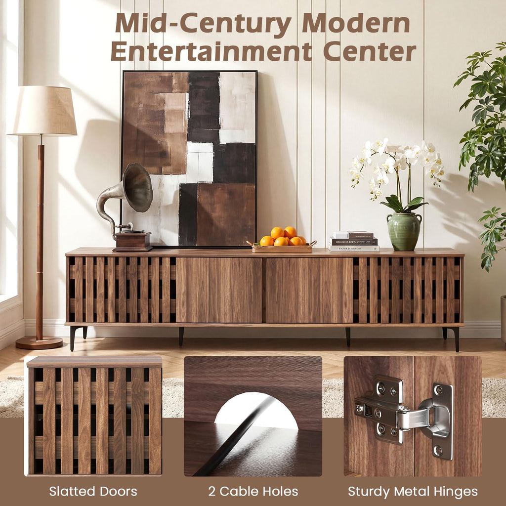 4-Door Slatted TV Stand for 80 Inches TVs, Mid Century Modern Entertainment Center with 4 Storage Cabinets, Wooden TV