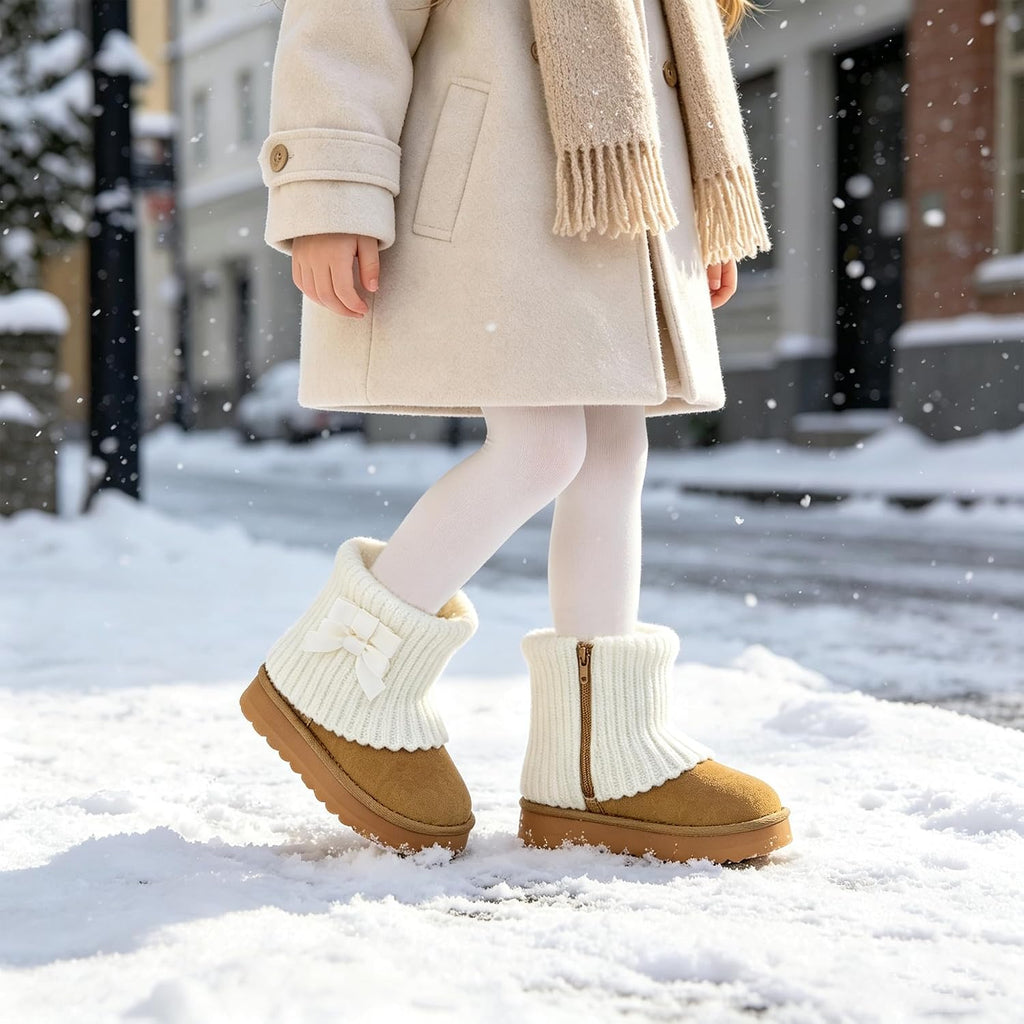 Girls Winter Snow Boots Knit Cuff Ribbon Bow