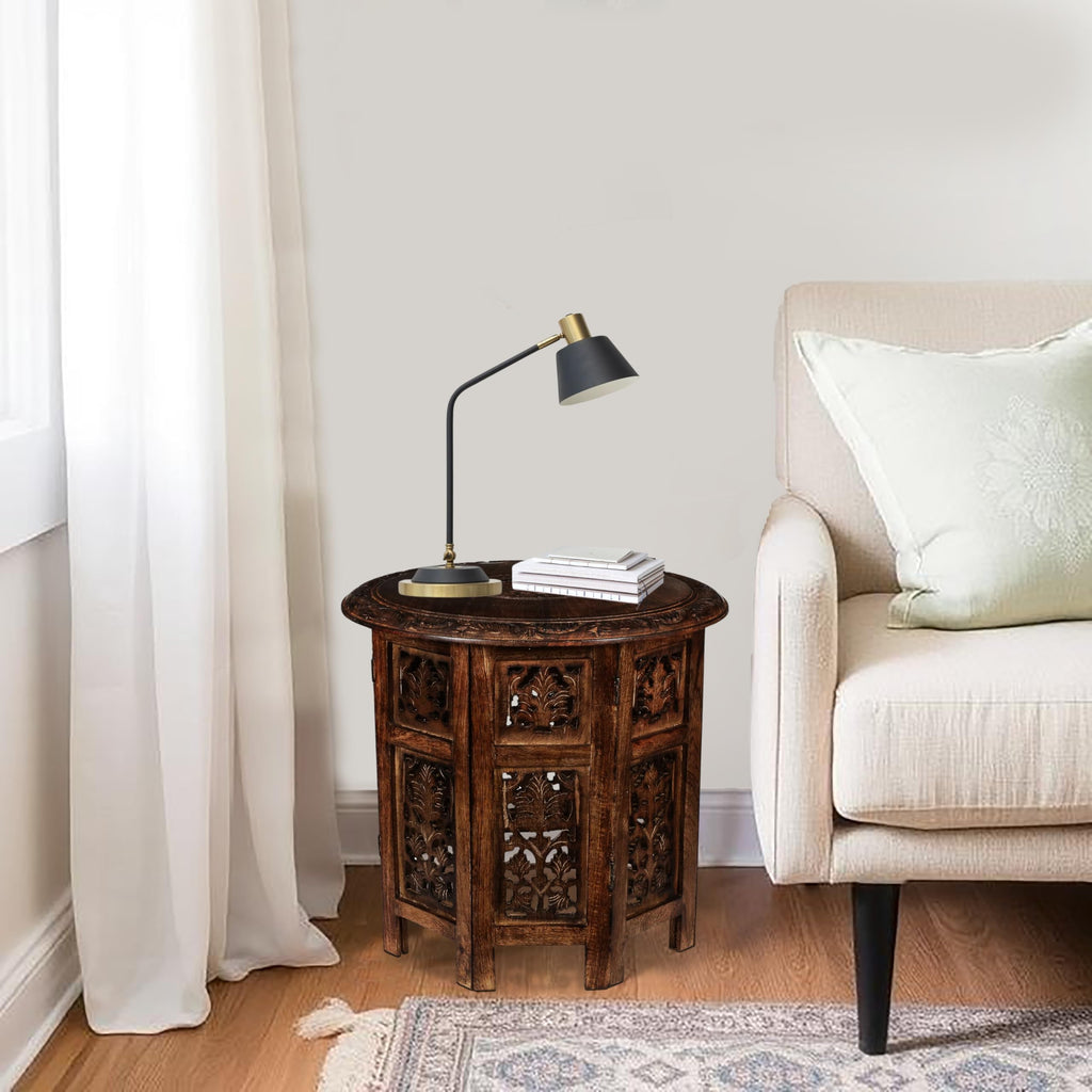 SideTable in Solid Wood With Hand Carving, End Table, Octangle Table 18x18