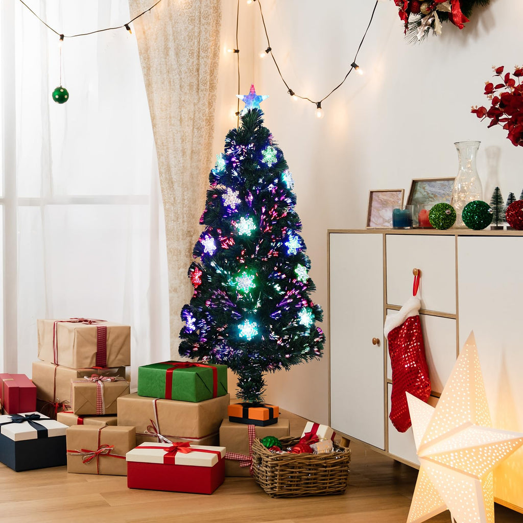 4ft Pre-lit Fiber Optic Artificial Christmas Tree w/Multicolor LED Lights, Snowflakes & Top Star, Small Xmas Tree