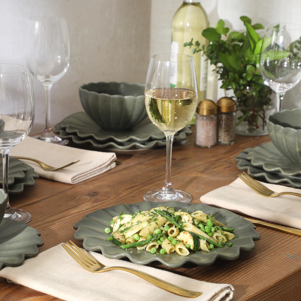 Bistro Fleur Plates and Bowls Sets, 12-Piece Stoneware Dinnerware Set for 4, Matte Green Scalloped Dish Set