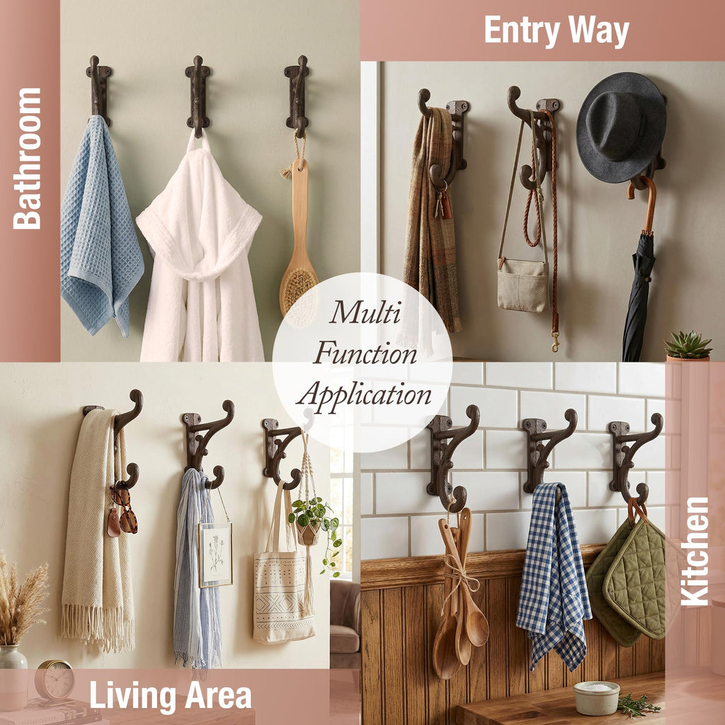 Rustic Cast Iron Coat Hooks (3 Pack) Rustic Dark Brown, Wall Mounted, Farmhouse Decorative, Heavy Duty Wall Hooks for
