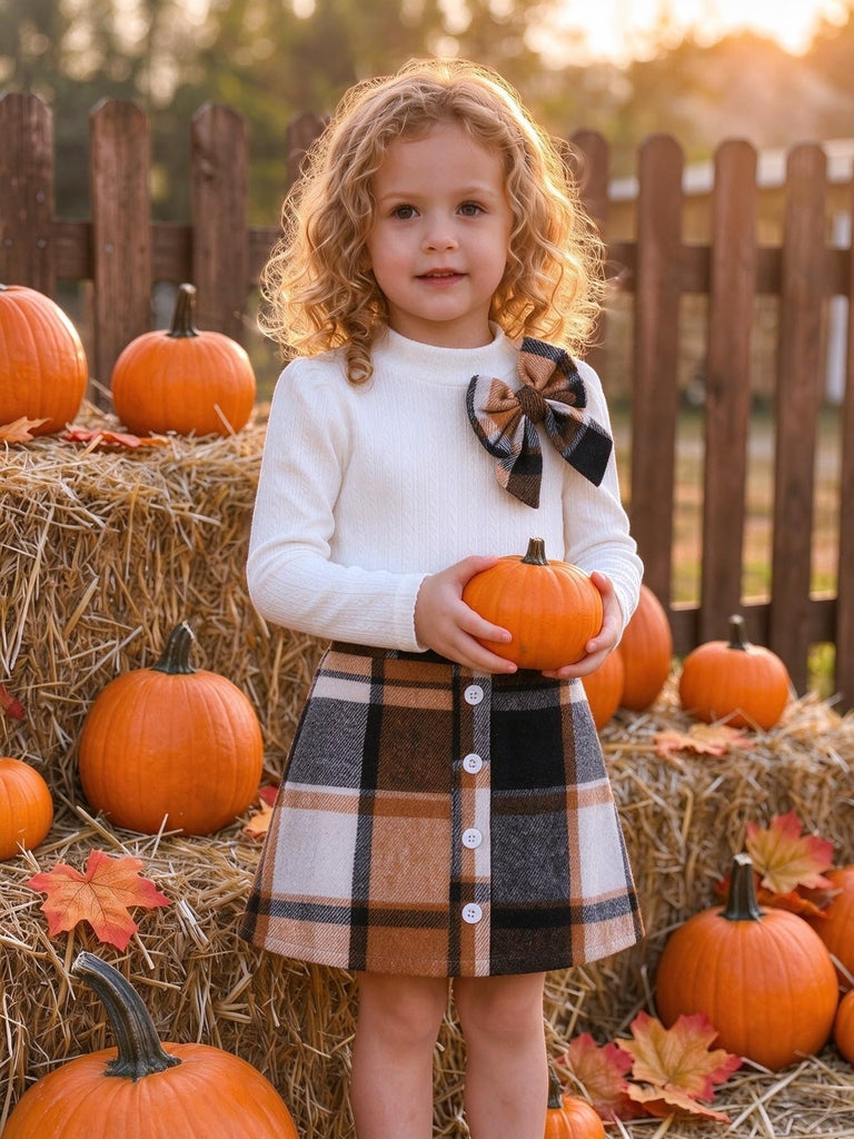 Toddler Girl Plaid Outfit Knit Top Skirt Set Fall Winter Clothes