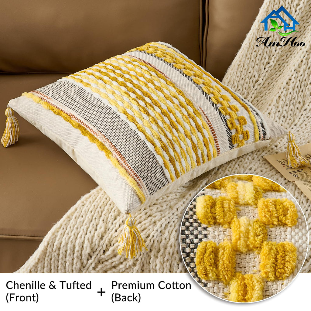 Set of 2 Chenille Striped Textured Boho Throw Pillow Covers Aesthetic with Tassels Woven Decorative Pillow Case for
