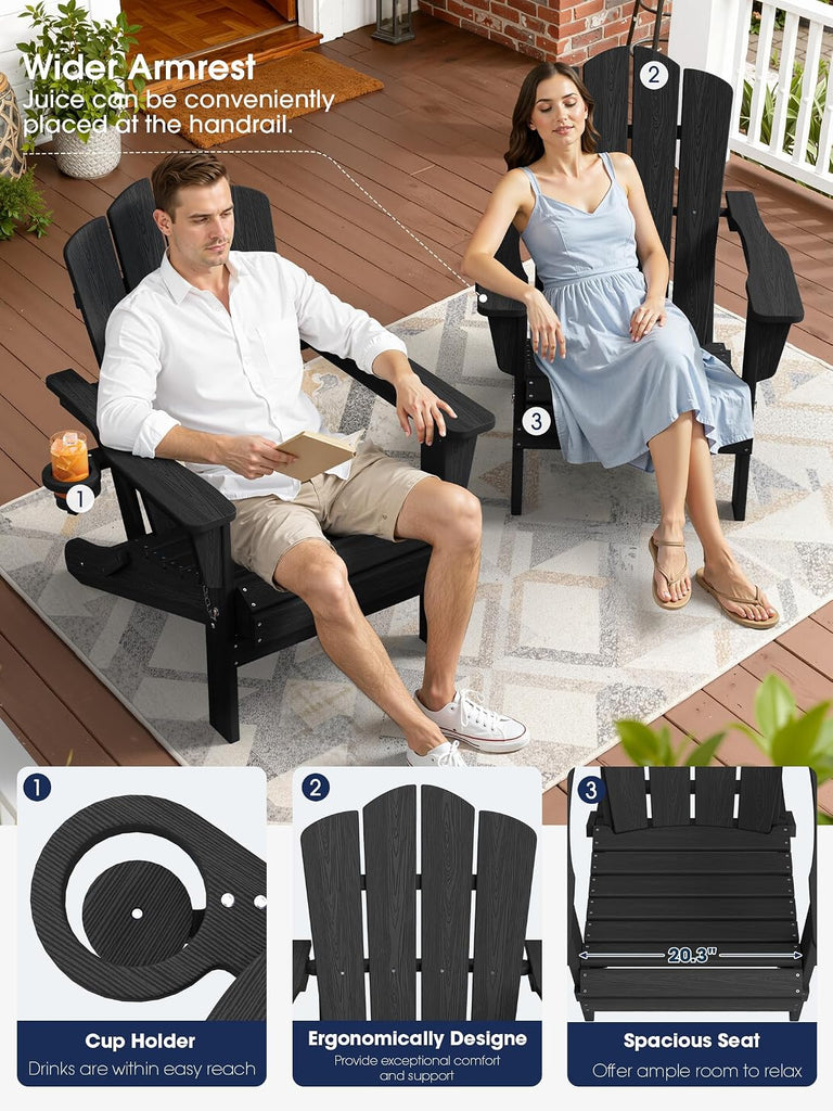 Folding Adirondack Chair, All-Weather HDPE Material, Black, 2 Pack | Wooden Textured Lawn Chair Patio Chairs for