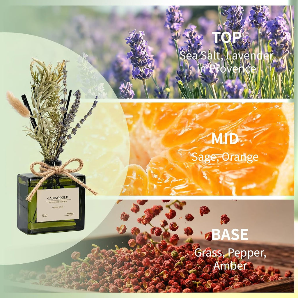 Reed Diffuser, 6.1 oz Lavender & Sage Scent Diffuser with Sticks & Dried Flowers, 120 Days Long Lasting diffusers