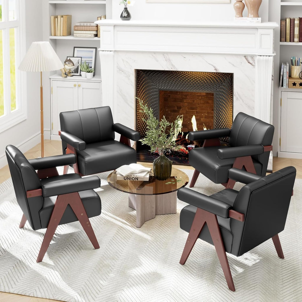 Faux Leather Accent Chairs, Wooden Arm Chairs (Black) - Set of 2