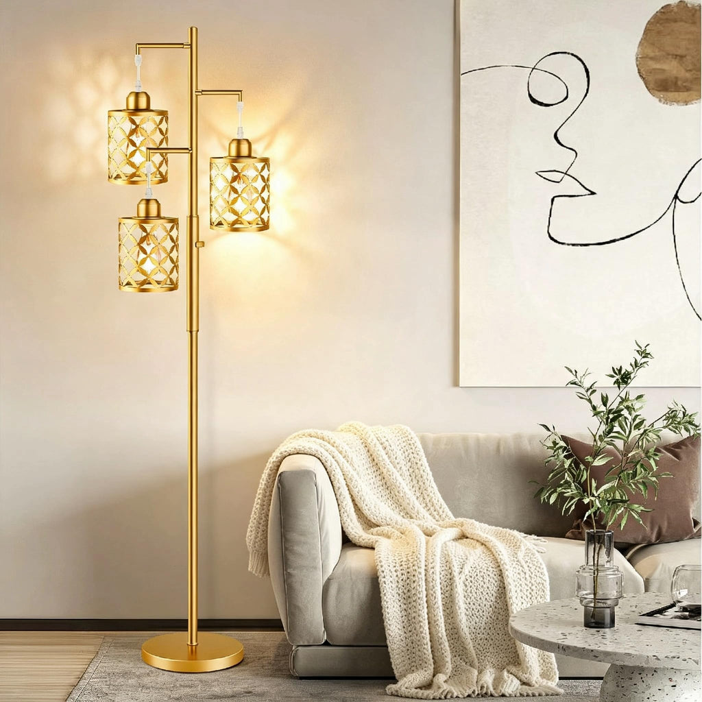 72" Modern Tree Floor Lamp, Dimmable Industrial Tall Standing Lamp with Metal Cages & Rotary Dimmer Knob, Corner
