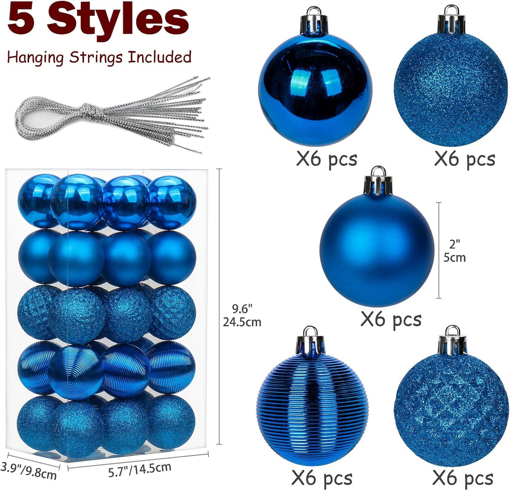 2" Christmas Ball Ornaments Shatterproof Blue Christmas Tree Decorations Xmas Tree Balls Halloween Ornaments - Set of 30