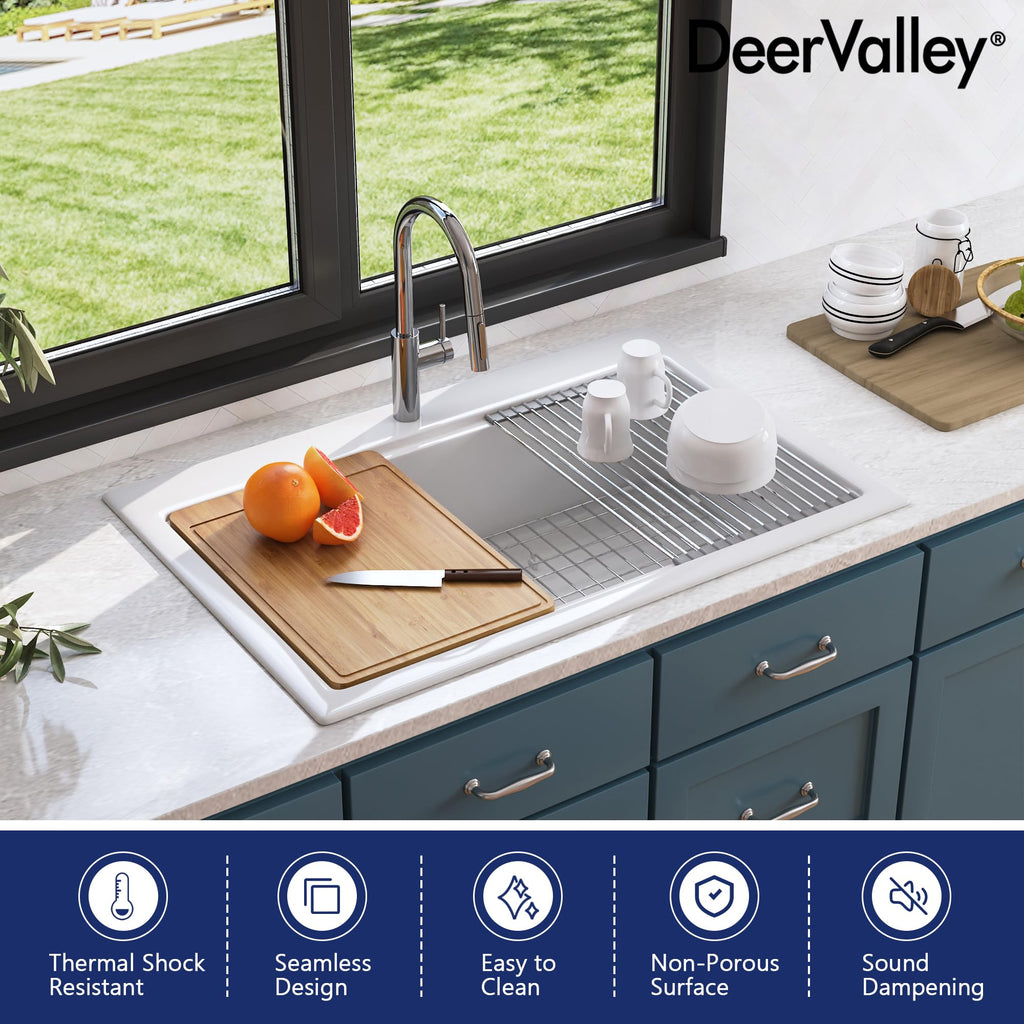 33 Inch Workstation Kitchen Sink White Undermount Farmhouse Sink