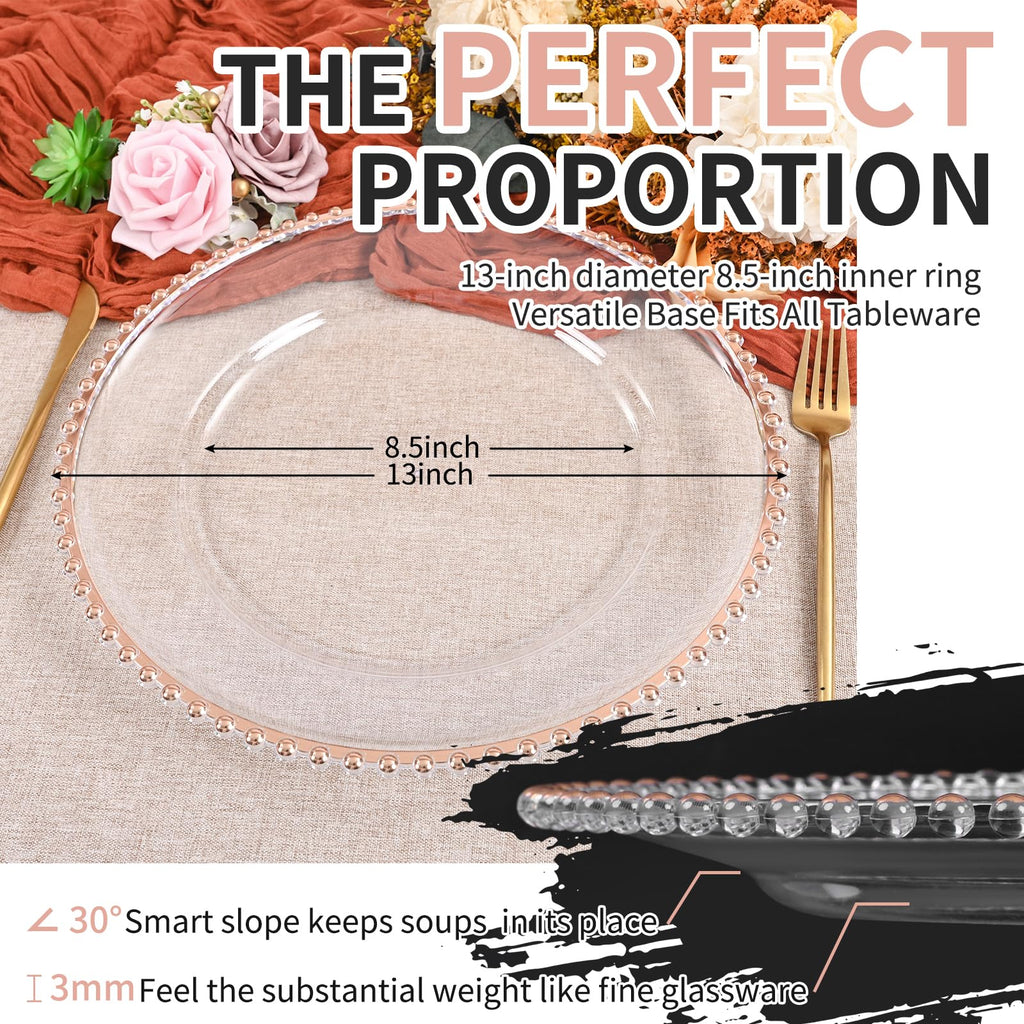 10Pcs Clear Charger Plates Bulk Wedding - 13" Premium Clear Plastic Chargers with Rose Gold Beaded Rim, Decorative