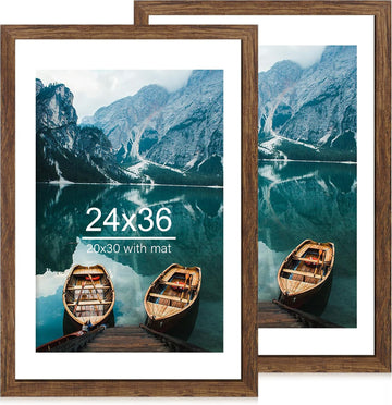 24x36 Poster Frame Set of 2, Rustic Brown Wood Style - Display 20x30 Picture with Mat or 24 x 36 Poster without Mat