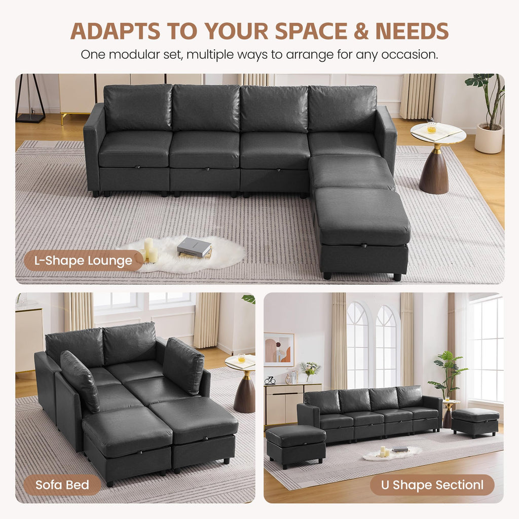 Modular Sectional Couch, 107" Faux Leather Storage 4 Seat Sofa, Grey