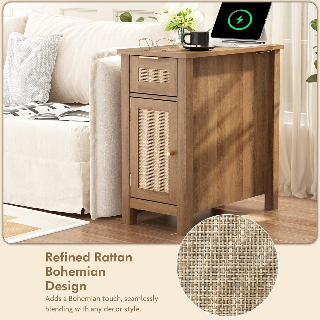 Narrow with Charging Station - Midcentury Rattan Slim Side Table with USB Ports and Power Outlets, Nightstand with
