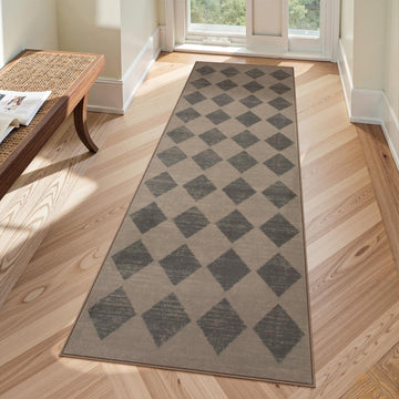 Zelie Checkered Washable 2x6 Brown Runners s Non Slip, Ultra-Th Bathroom Runner Rugs, Moroccan Trellis Throw Carpet