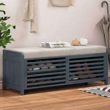 Shoe Bench with Storage and Cushion, Farmhouse Distressed Shutter Storage Bench with Retro Charm, Navy