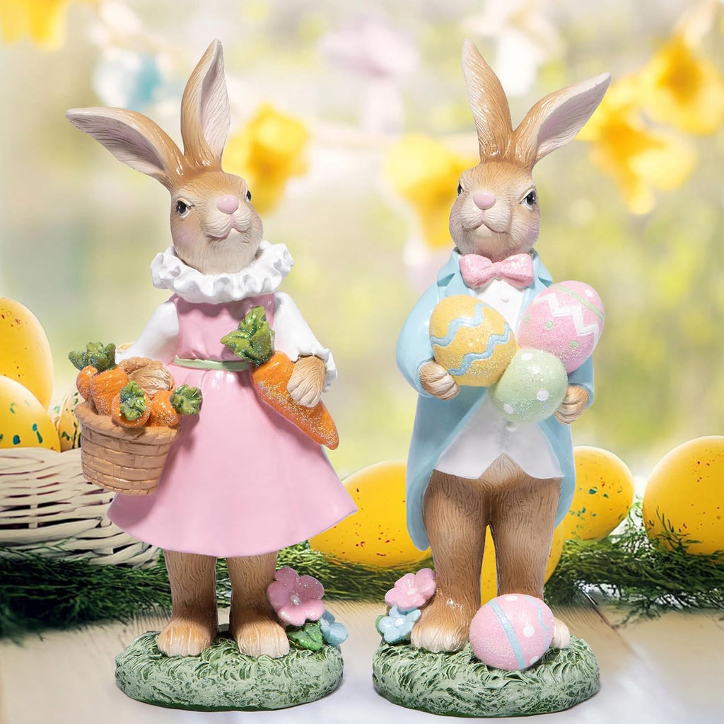 Easter Bunny Decoration Spring Rabbit Decor Gifts Handcrafted Resin Figurines Colorful and Charming Spring Decor - Set of 2
