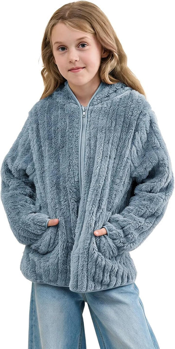 Girls Zip Up Hoodie Fall Fleece Lightweight Jacket for Kids Winter Fashion Sherpa Coat with Pocket