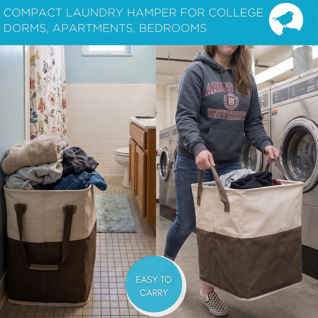 Square Cloth Laundry Hamper with Handles - Dirty Clothes Sorter - Easy Storage - Foldable - Brown and White Canvas