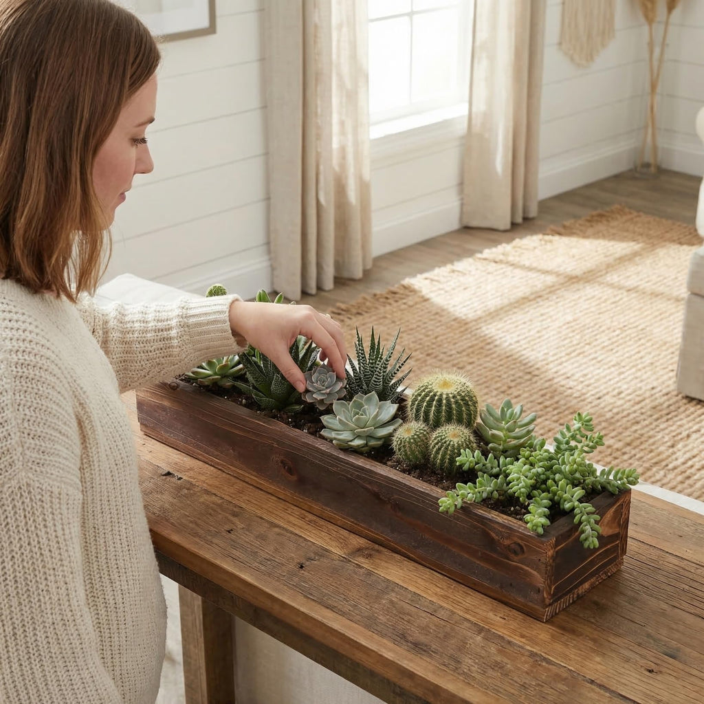 Rustic Wooden Rectangle Planter Box: Rectangular Succulents Plant Container Wood Window Box for Farmhouse Home