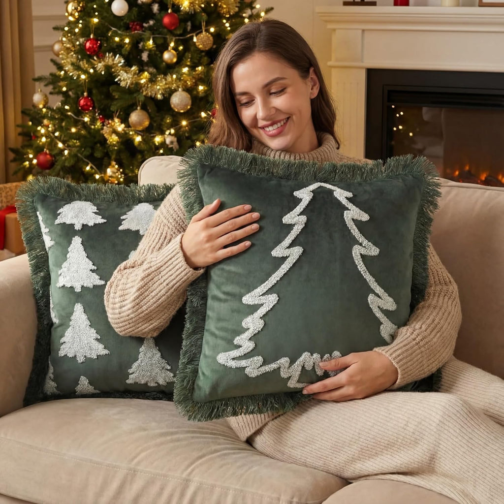 Velvet Christmas Pillow Covers 18x18 Inch Fringe Christmas Tree Embroidery Pillowcase Dutch Velvet Boho - Set of 2