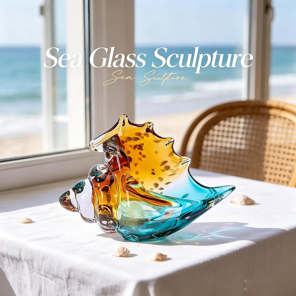 Sea Glass Art Hand Blown Conch Shell Sculpture, Murano Style Coastal Decor, Seashell Decor for Beach House, Above - Set of 50