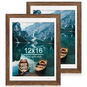12x16 Picture Frame Set of 2, Rustic Brown Wood Style, 11x14 Mat