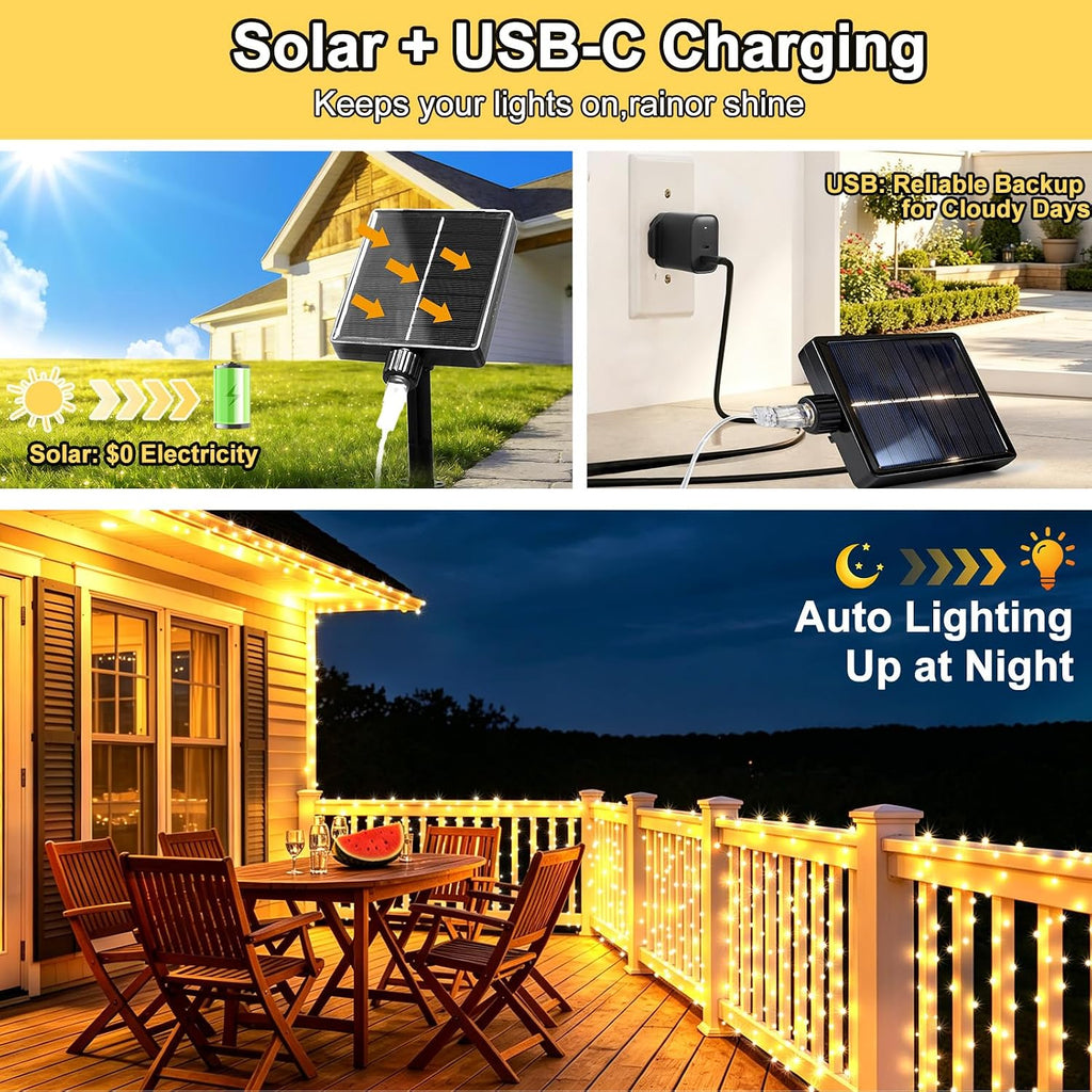 203FT 600LED Solar Fairy String Lights Outdoor Warm White 8 Modes