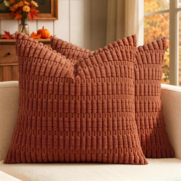 Fall Corduroy Decorative Throw Pillow Covers 18x18 Rust Pack of 2