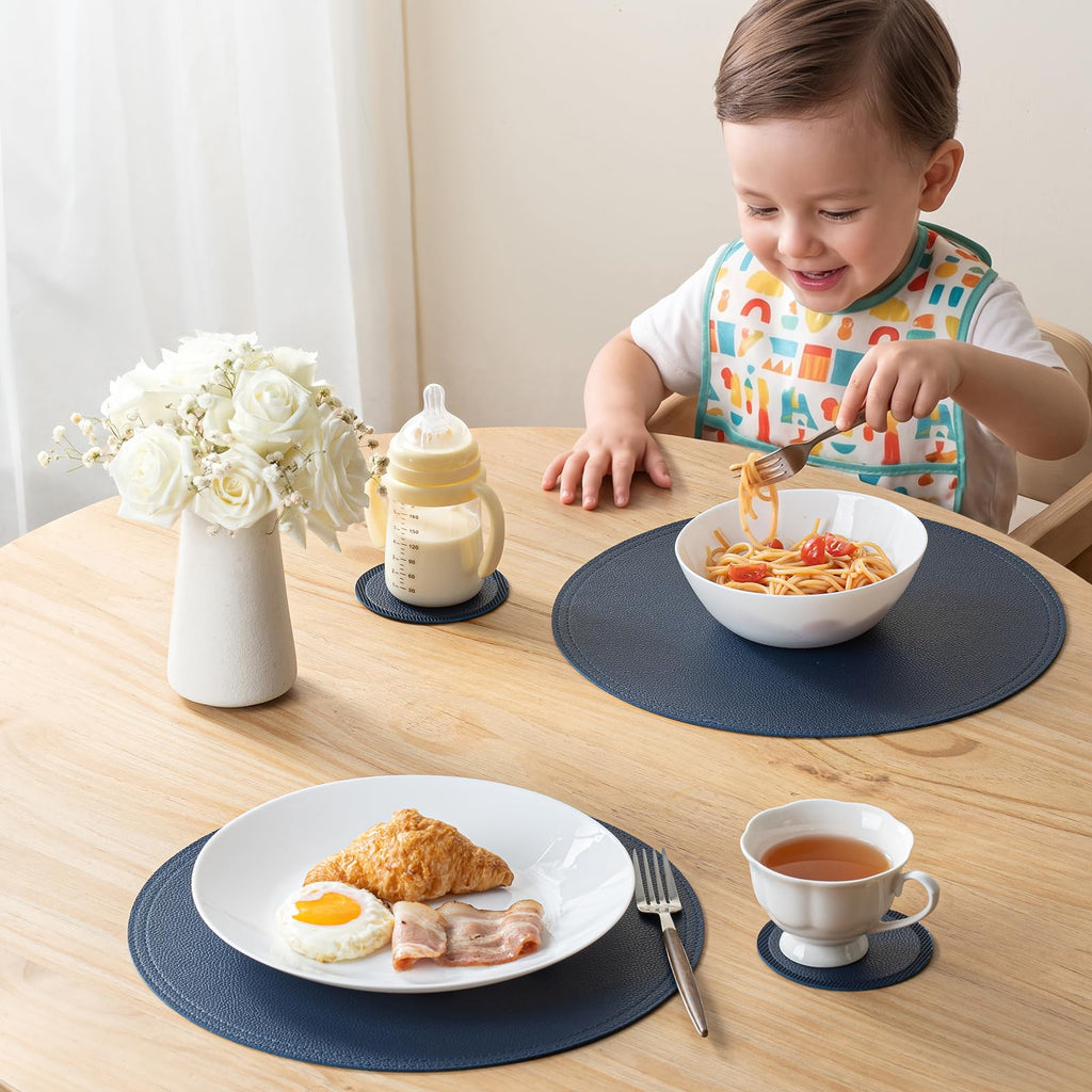 Navy Faux Leather Round Placemats and Coasters, Coffee Mats Kitchen Table Mats, Waterproof, Easy to Clean for Round