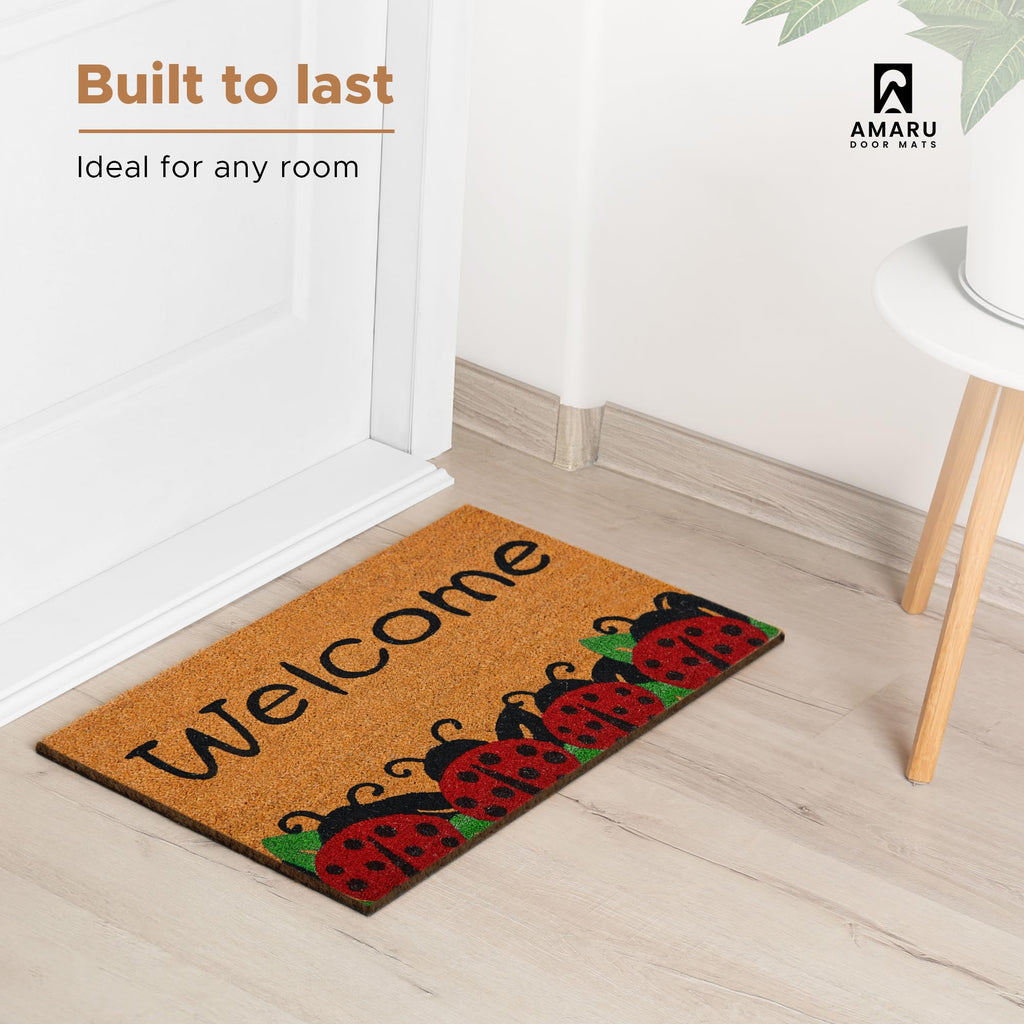 Coir Welcome Mat, Non-Slip, Ladybugs, 17 x 29 in
