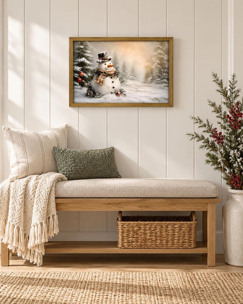 Vintage Christmas Wall Art 16x24 inch, Wood Framed Cute Snowman Canvas Wall Decor Painting, Rustic Winter Scene