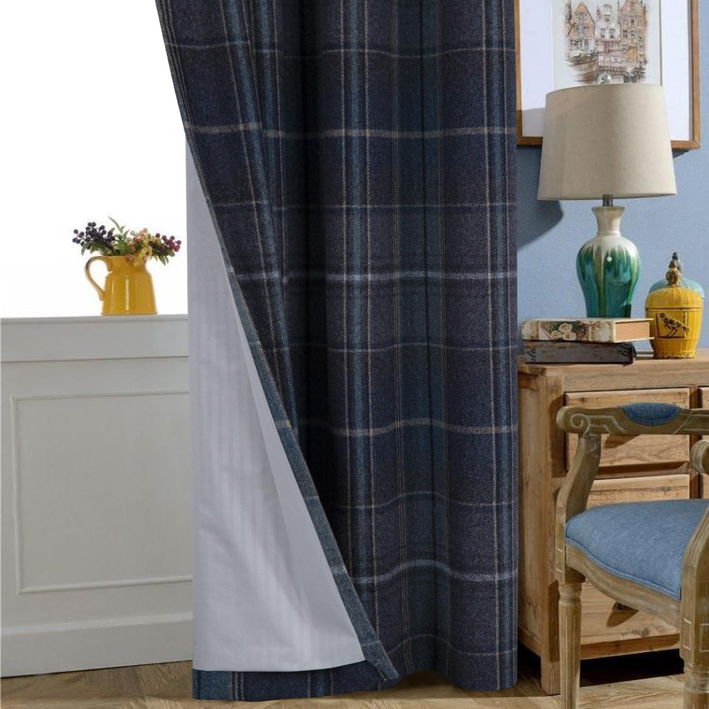 100% Blackout Woolen Look Plaid Curtains Modern Window Panels Navy Blue Checkered Tartan Curtains Bedroom 2 Panels