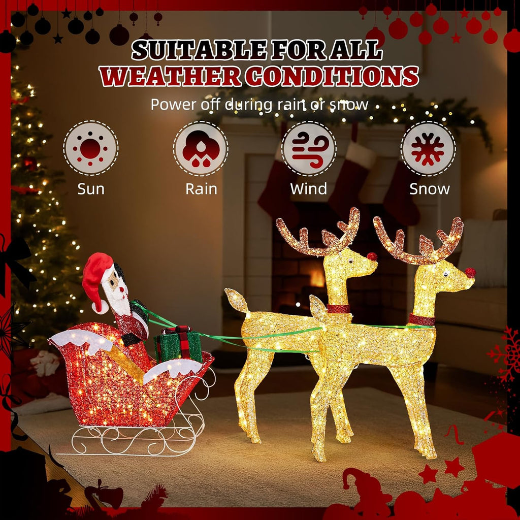 Christmas Lighted Reindeers with Santa Claus Sleigh Set 3FT, 270 LEDs 30V