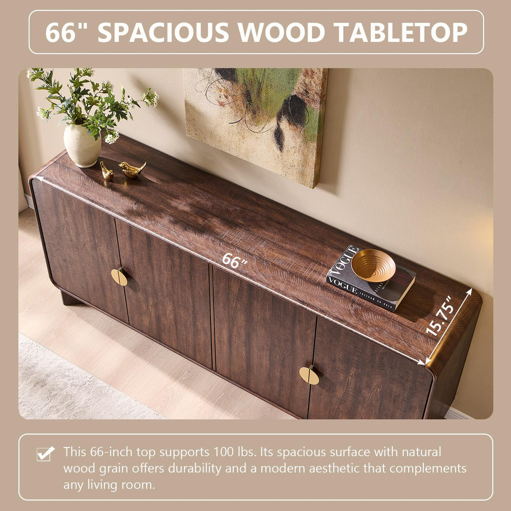 70" Modern TV Stand with Storage, Wood Curved TV Console, Dark Walnut