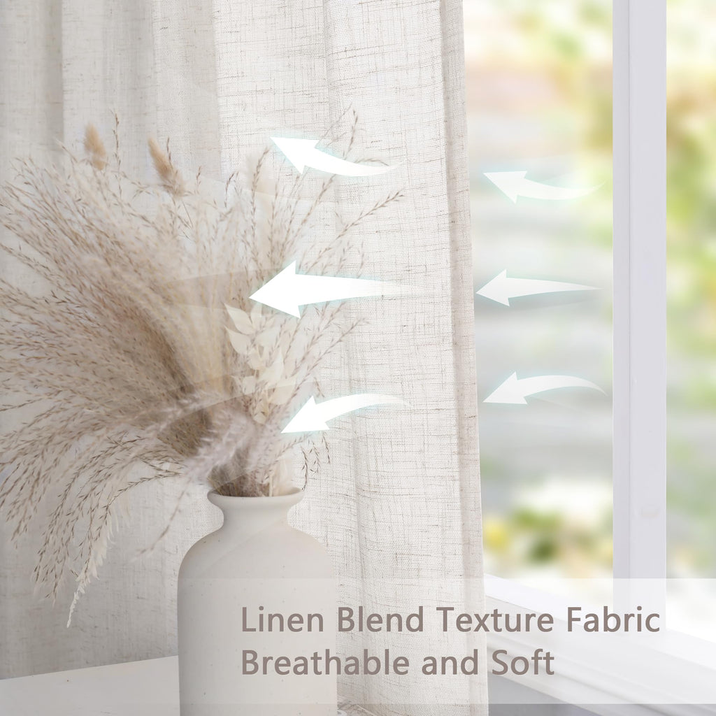 Kitchen Semi Sheer Linen Curtains 24 Inch Long, Light Filtering Window Panels Rod Pocket Valance Neutral Drapes for