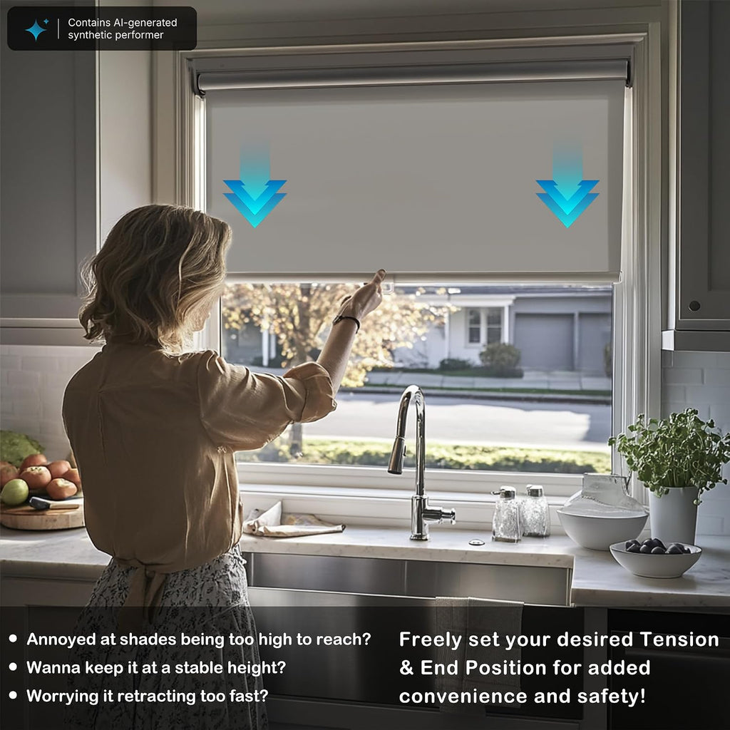 No Drill Cordless Blackout Roller Shades Screwless Waterproof Shower Window Blinds, Auto-Retraction Easy Install