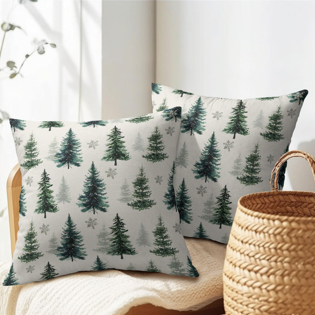 Green Christmas Tree Throw Pillow Covers 16X16 Inches Set of 2 Winter Snowflake White Pillowcase Soft Cotton Linen