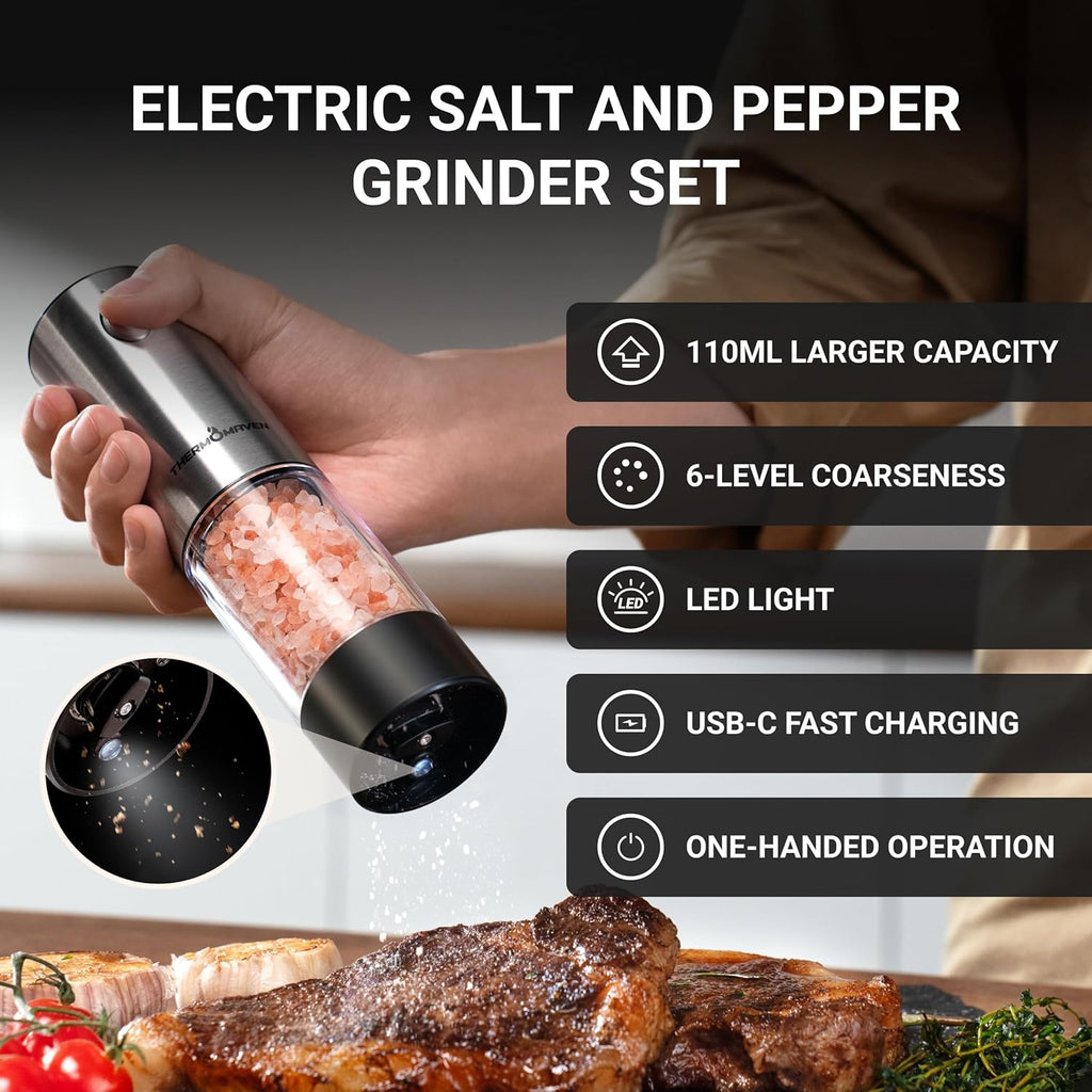 Electric Salt and Pepper Grinder Set, 110ml Larger Rechargeable Automatic Salt and Pepper Mill Grinder with 6 - Set of 2