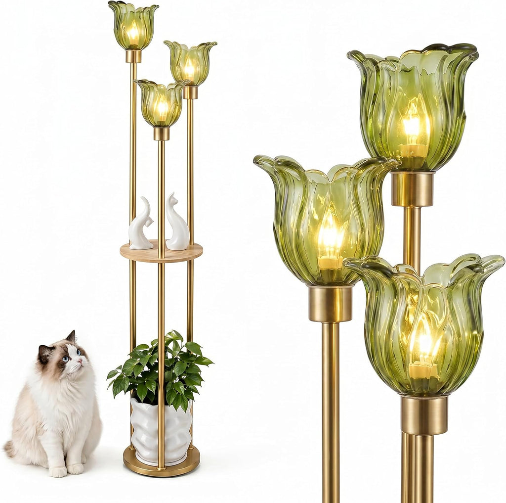 Modern Gold Floor Lamp with 3 Crystal Shades and Shelves, 3-Light Standing Lamp with Foot Switch, FW
