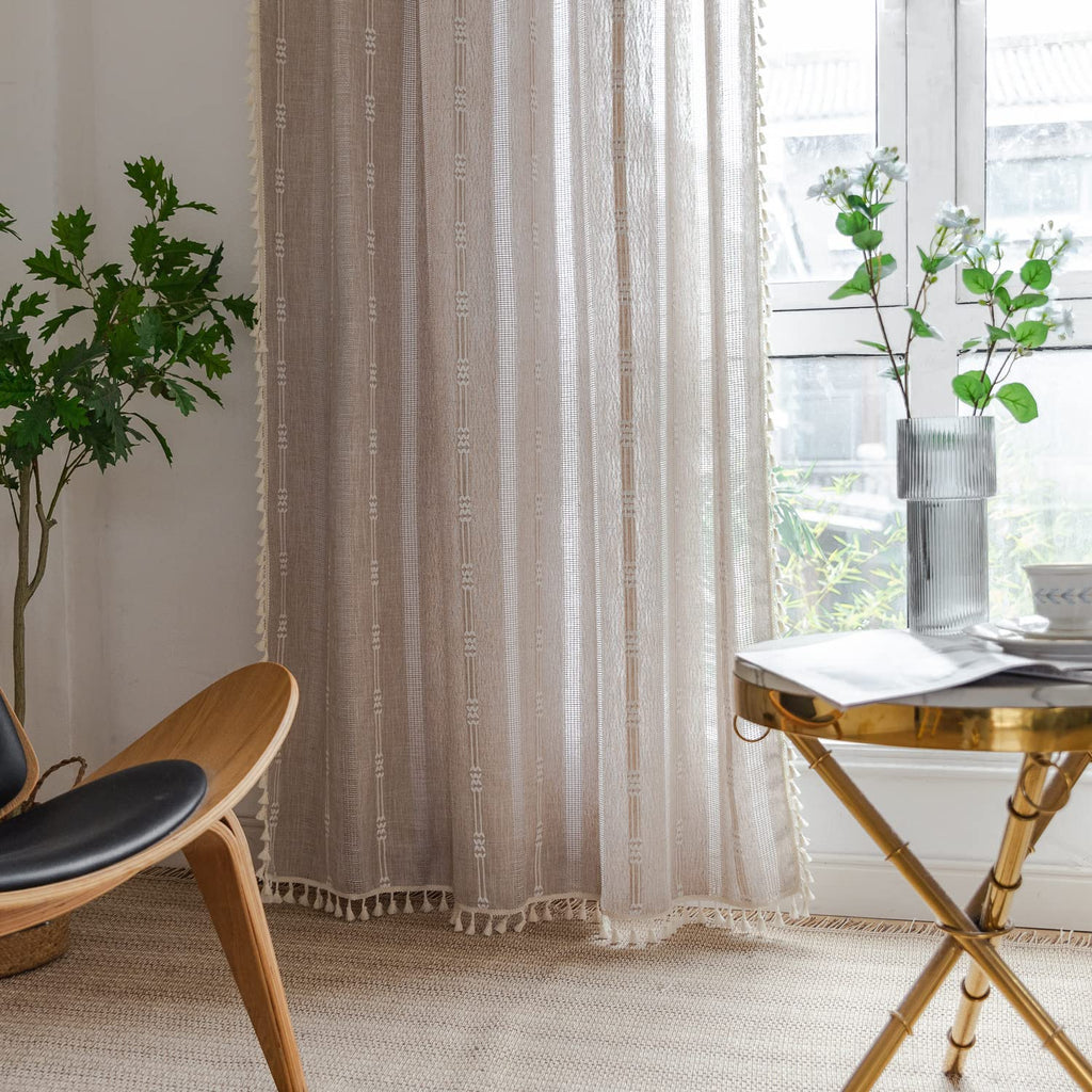 Linen Curtains 63 Inch Length 2 Panels Embroidery Khaki Boho Curtains Rustic Farmhouse Tassel Light Filtering Window
