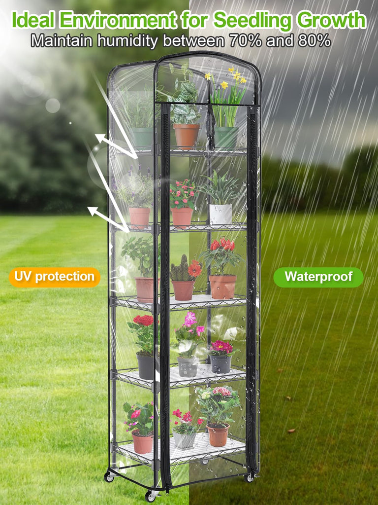 5-Tier Mini Greenhouse with Caster Wheels, Each Shelf Height Adjustable