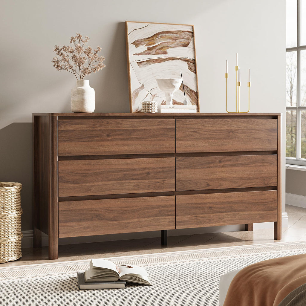 Walnut 6 Drawer Dresser, 55"Wide Modern Wood Dresser