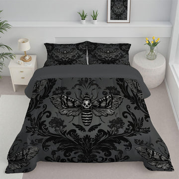 Comforter Set, 3 Pcs Fantasy Moth Comforter with Gothic Brocade Pattern, Reversible Deep Black Comforters, Soft