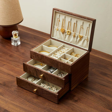 Black Walnut 3 Layer Wooden Jewelry Box Organizer